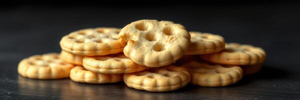 Delicious round cookies stacked on a dark surface ready for enjoyment photo