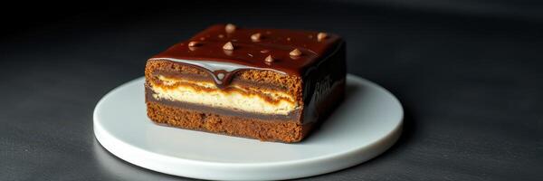 Delicious layered dessert on a white plate with chocolate and caramel flavors showcased in an elegant presentation photo
