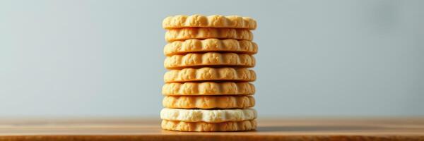 Stacked cookies arranged neatly on a wooden surface against a light background photo