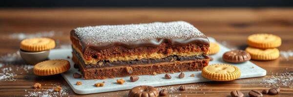 Delicious layered cake with chocolate frosting and assorted cookies on a wooden table photo