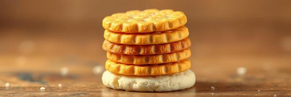 Golden cookies stacked neatly on a rustic wooden surface for a delicious treat photo
