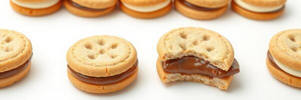 Cookies filled with chocolate and cream arranged in a neat row on a plain background photo