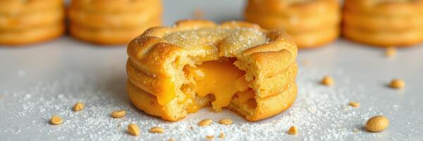 Freshly baked pastry filled with sweet lemon curd and topped with sugar on a white surface photo