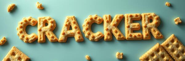 Creative arrangement of crackers spelling out the word cracker on a light blue surface, capturing a playful food art moment photo