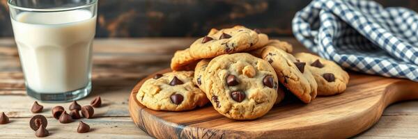 Freshly baked chocolate chip cookies on a wooden board with a glass of milk and cloth napkin photo