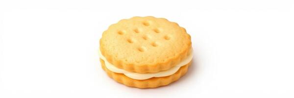 Delightful cream-filled cookie rests on a clean surface showcasing its crunchy texture and creamy center photo