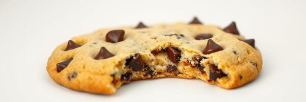 Delicious half-eaten chocolate chip cookie on a plain background with a focus on texture and chocolate pieces photo