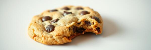 Delicious chocolate chip cookie with a bite taken out on a white background photo