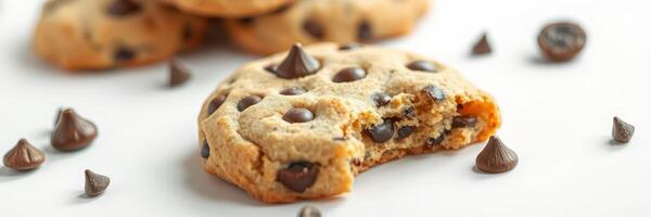 Delicious chocolate chip cookie with a bite taken out and chocolate chips scattered photo