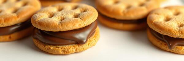 Delicious cookies filled with smooth chocolate spread arranged on a flat surface for dessert photo