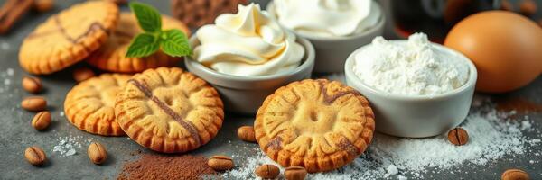 Delicious assortment of cookies with cream and ingredients displayed on a rustic table photo