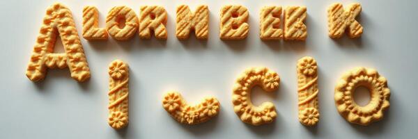 Baked letter-shaped cookies arranged in a playful pattern on a light surface for a festive celebration photo
