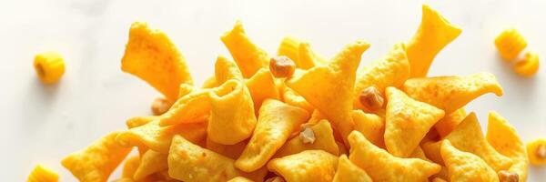 Crunchy snack pieces arranged artistically on a white surface for a delightful treat presentation photo