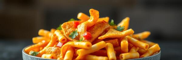 Colorful plate of pasta topped with crispy snacks and fresh herbs in warm lighting photo