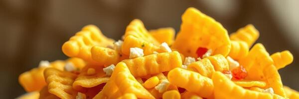 Crunchy snack mix featuring golden cheese-flavored crisps and savory seasonings on a wooden surface photo