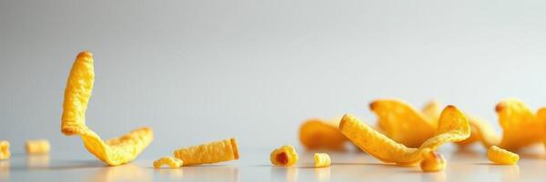 Snack pieces scattered on a white surface creating an appealing visual display of textures and shapes photo