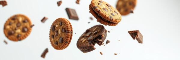 Delicious cookies and chocolate pieces flying in the air creating a delightful treat explosion photo