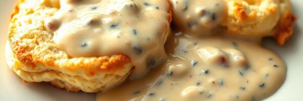 Breakfast biscuits topped with creamy sausage gravy served on a plate photo