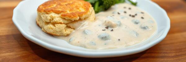 Delicious biscuit served with creamy gravy and fresh greens on a white plate photo