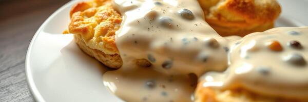 Enjoying delicious biscuits topped with savory sausage gravy in a cozy setting at breakfast time photo
