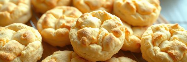 Freshly baked cheese puffs arranged on a wooden table showcasing a warm, inviting snack moment photo