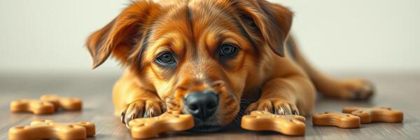 Adorable puppy lies on floor surrounded by dog treats with a playful expression in a bright indoor setting photo