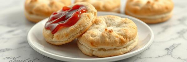 Delicious biscuits topped with savory sauce served on a white plate against a patterned background photo