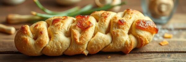 Freshly baked braided bread on wooden table with herbs in a cozy kitchen setting during the afternoon photo