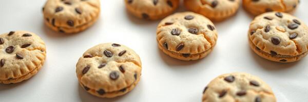 Cookies filled with chocolate chips arranged in a neat pattern on a white surface photo