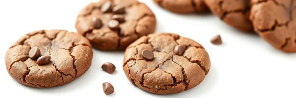 Freshly baked chocolate cookies with chocolate chips on a white background photo