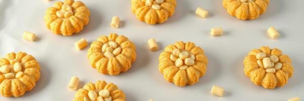 Colorful pumpkin-shaped cookies arranged on a white surface with scattered candies photo
