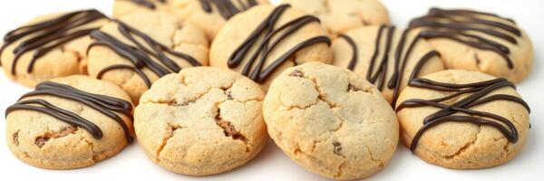 Deliciously baked cookies drizzled with chocolate ready to be enjoyed at a cozy dessert gathering photo