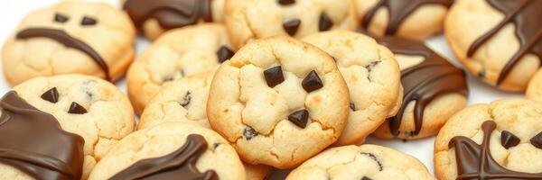 Cookies decorated with chocolate drizzles and chips on a white platter ready for a gathering or event photo