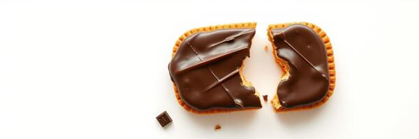 Chocolate covered biscuit broken in half showcasing the creamy filling and crunchy texture photo