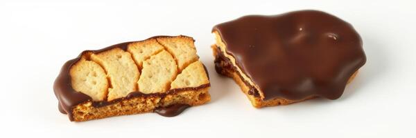 Delicious chocolate-coated biscuit with a soft filling displayed on a white background photo