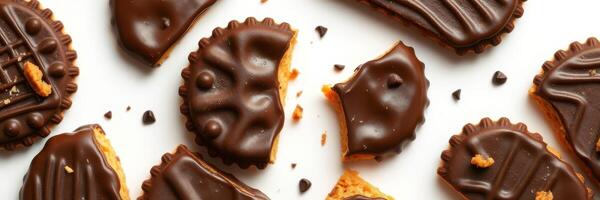 Delicious chocolate-covered cookies arranged on a white surface with bites taken out of some, showcasing a tempting dessert spread photo