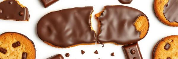 Delicious chocolate coated cookies arranged stylishly on a white background with various chocolate pieces photo