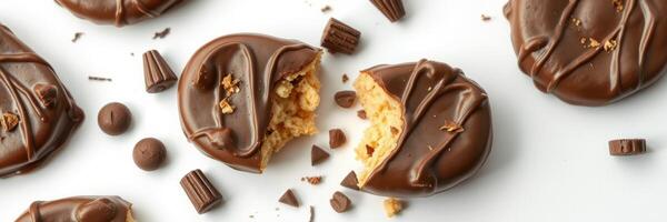 Delicious chocolate-covered cookies with a creamy filling and toppings scattered on a white surface photo