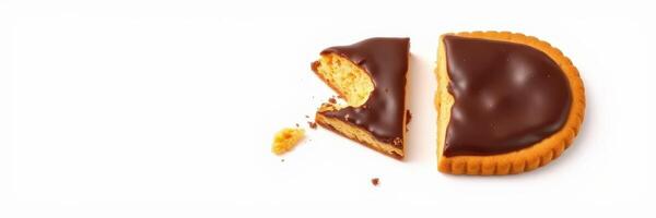 Chocolate covered biscuit with a bite taken out, showcasing its texture and filling photo