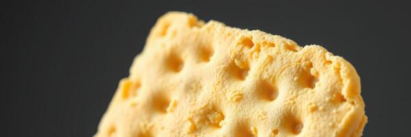 Delicious yellow cheese cracker displayed on a dark background, showcasing its texture and unique shape vividly photo