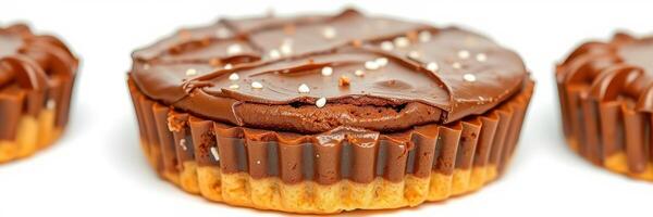 Delicious chocolate dessert with creamy filling and a crumbly base on a plain background photo