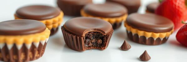 Chocolate and peanut butter treats arranged on a white surface with one half-eaten photo