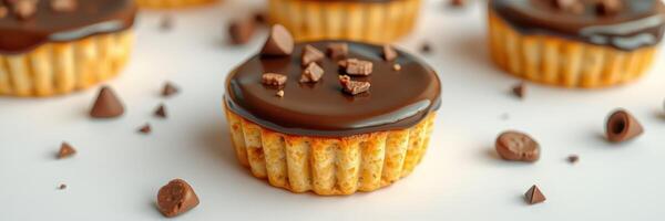 Delicious chocolate tartlets with cookie crust displayed on a white surface at a dessert party photo