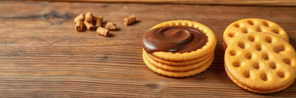 Cream-filled cookies stacked next to chocolate spread and cinnamon sticks on wooden surface photo