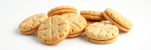 Delicious golden cookies arranged neatly on a white surface showcasing their unique texture and design photo