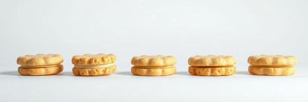Delicious and colorful cookies lined up against a simple background showcasing their unique texture and form photo
