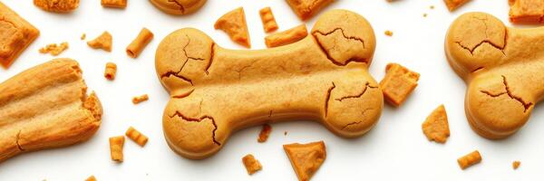Delicious dog treats shaped like bones scattered on a white background for pet enjoyment photo