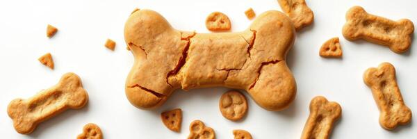 Homemade dog biscuits shaped like bones with smaller treats scattered around on a white surface photo