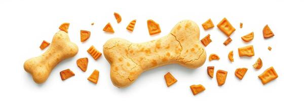 Dog bone treats in different sizes scattered on a white surface during a cheerful snack time photo