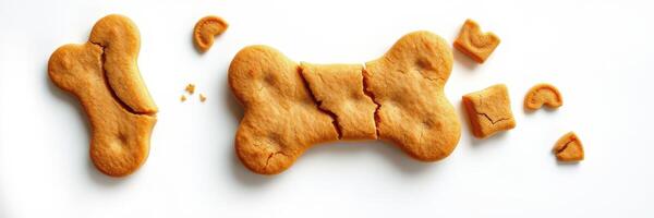 Deliciously baked dog treats shaped like bones with some broken pieces scattered photo